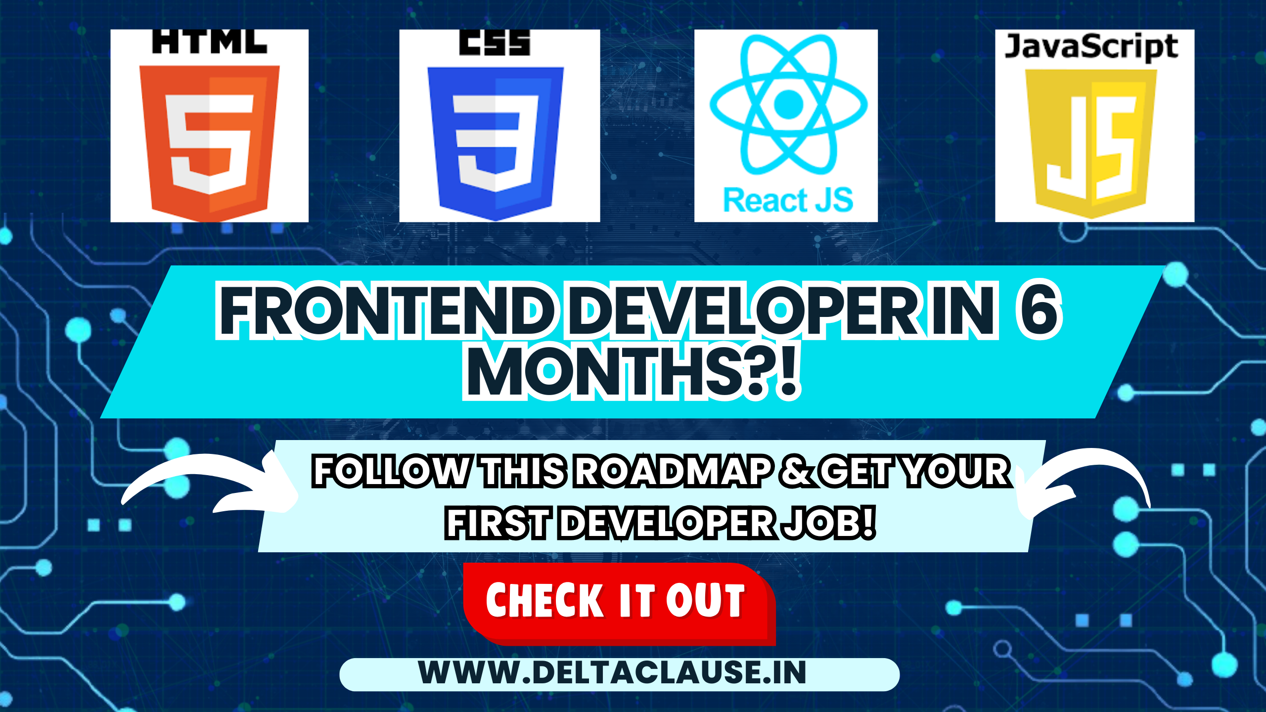 Step-by-step roadmap to becoming a frontend developer and landing a job, featuring HTML, CSS, JavaScript, and React.